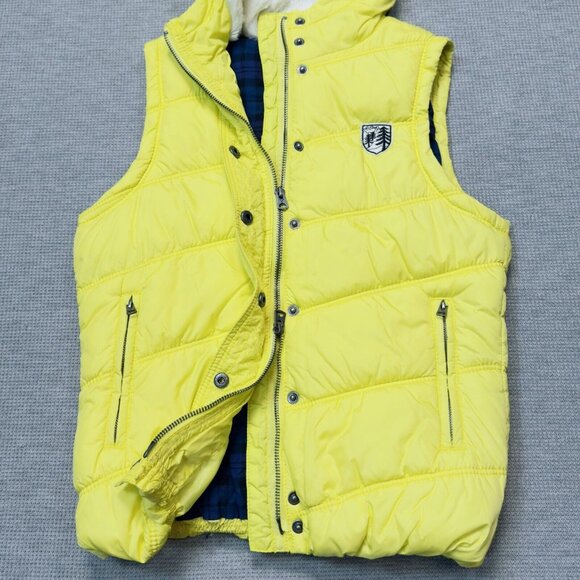 American Eagle Womens Yellow Puffer Vest Faux Fur Hooded Zip Pockets Size Small - Picture 6 of 16